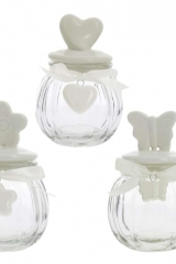 Barattolo portaconfetti in vetro con tappo in ceramica a forma di cuore, fiocco e ciondolo